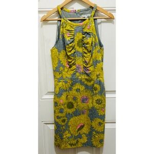 Beth Bowley Anthropologie Yellow Gray Floral Sleeveless Knee Length Dress Size 8